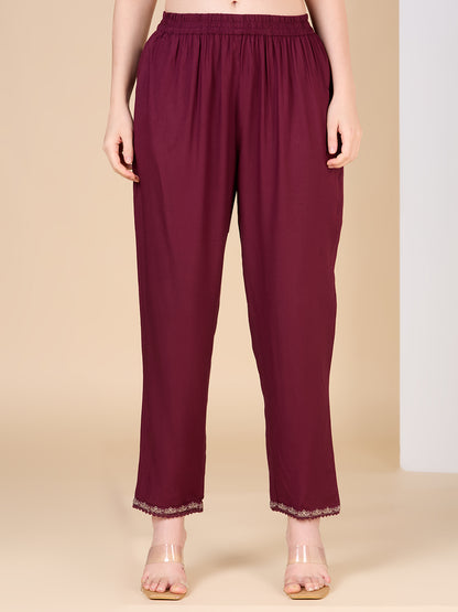 Solid Ethnic Embroidered Straight Fit Co-ord Set - Burgundy