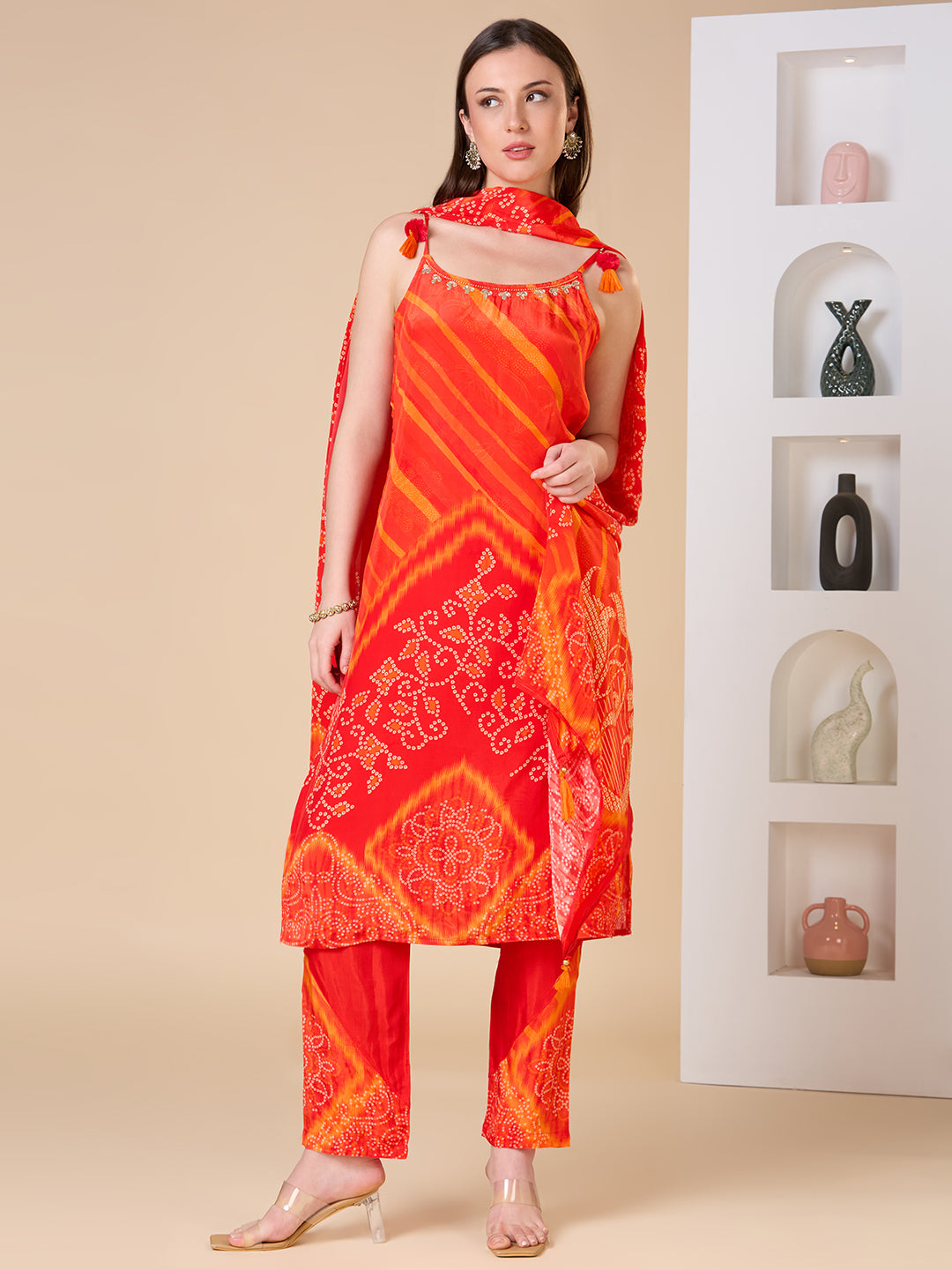 Bandhani Printed Embroidered Straight Fit Kurta with Pant and Dupatta - Orange