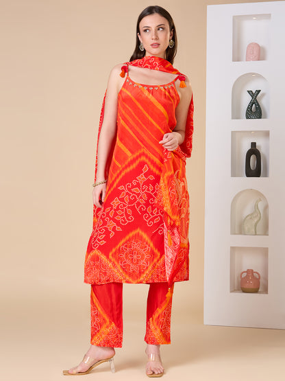 Bandhani Printed Embroidered Straight Fit Kurta with Pant and Dupatta - Orange