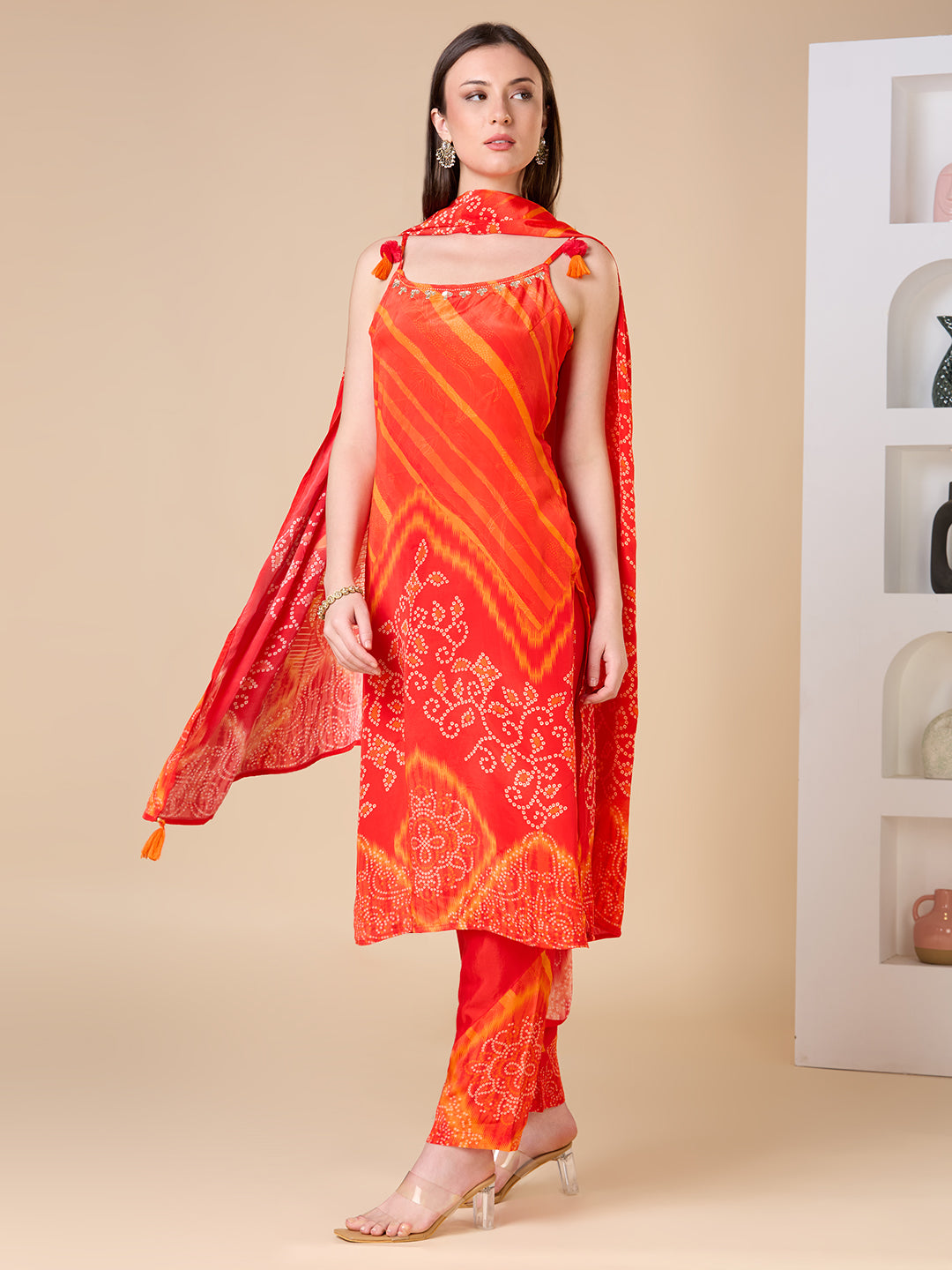 Bandhani Printed Embroidered Straight Fit Kurta with Pant and Dupatta - Orange