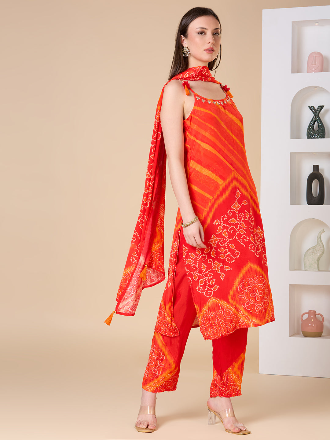 Bandhani Printed Embroidered Straight Fit Kurta with Pant and Dupatta - Orange