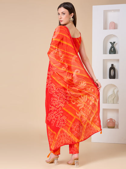 Bandhani Printed Embroidered Straight Fit Kurta with Pant and Dupatta - Orange