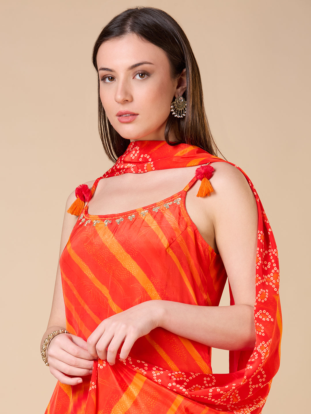 Bandhani Printed Embroidered Straight Fit Kurta with Pant and Dupatta - Orange