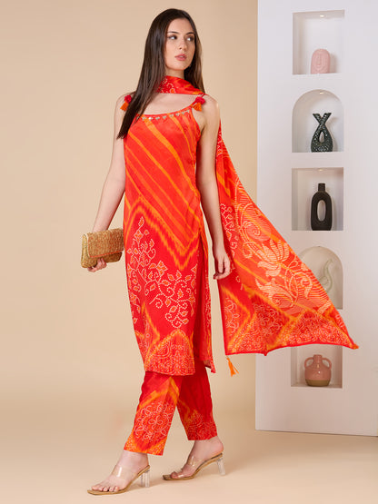 Bandhani Printed Embroidered Straight Fit Kurta with Pant and Dupatta - Orange