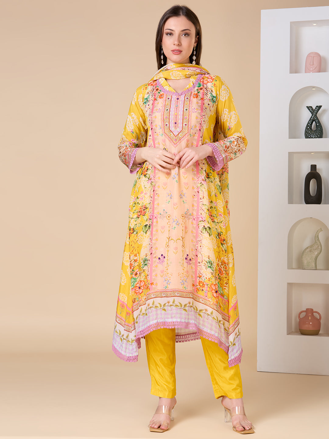Ethnic Floral Printed A-Line Kurta with Pant and Dupatta - Yellow