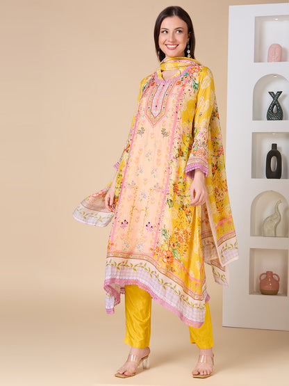 Ethnic Floral Printed A-Line Kurta with Pant and Dupatta - Yellow
