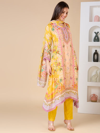 Ethnic Floral Printed A-Line Kurta with Pant and Dupatta - Yellow