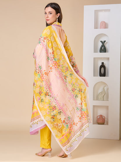 Ethnic Floral Printed A-Line Kurta with Pant and Dupatta - Yellow