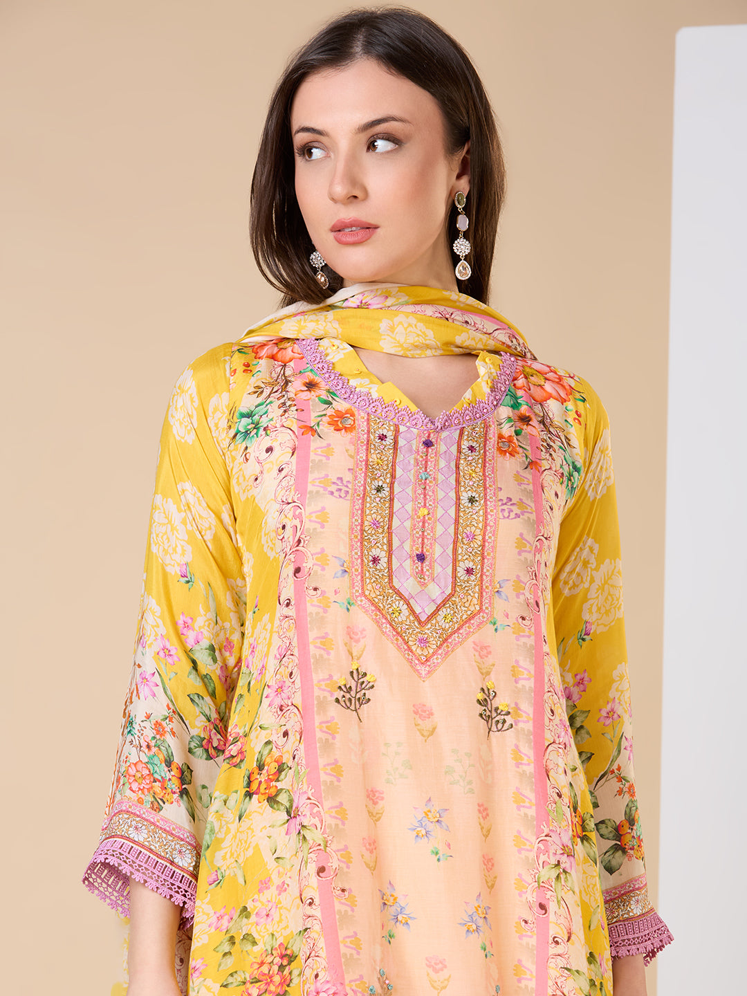 Ethnic Floral Printed A-Line Kurta with Pant and Dupatta - Yellow
