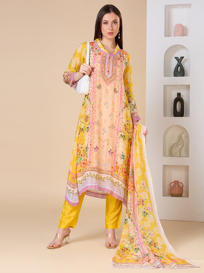 Ethnic Floral Printed A-Line Kurta with Pant and Dupatta - Yellow