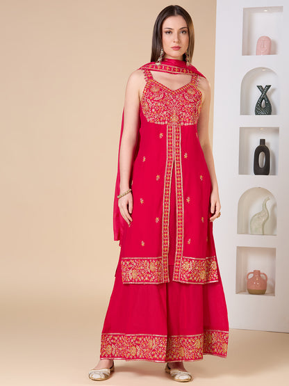 Solid Ethnic Embroidered Straight Fit Kurta with Flared Palazzo and Dupatta - Rani