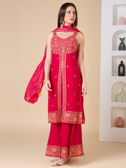 Solid Ethnic Embroidered Straight Fit Kurta with Flared Palazzo and Dupatta - Rani