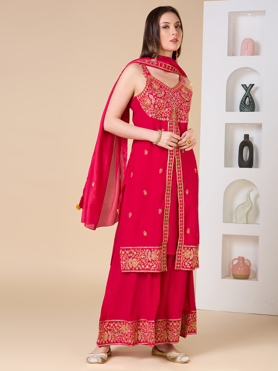 Solid Ethnic Embroidered Straight Fit Kurta with Flared Palazzo and Dupatta - Rani
