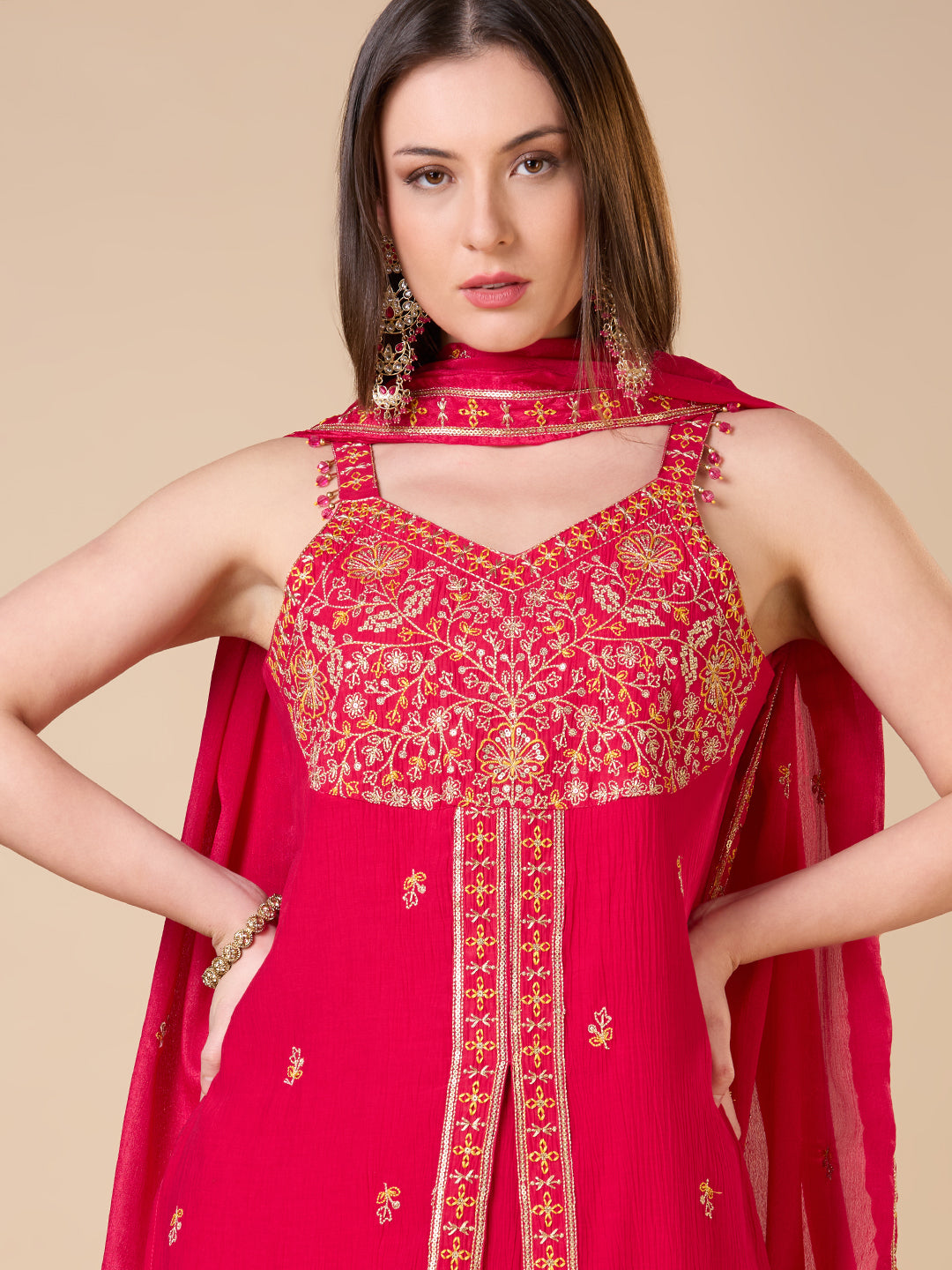 Solid Ethnic Embroidered Straight Fit Kurta with Flared Palazzo and Dupatta - Rani