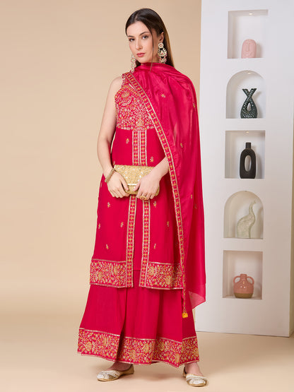 Solid Ethnic Embroidered Straight Fit Kurta with Flared Palazzo and Dupatta - Rani