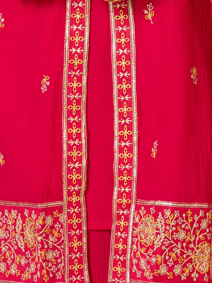 Solid Ethnic Embroidered Straight Fit Kurta with Flared Palazzo and Dupatta - Rani