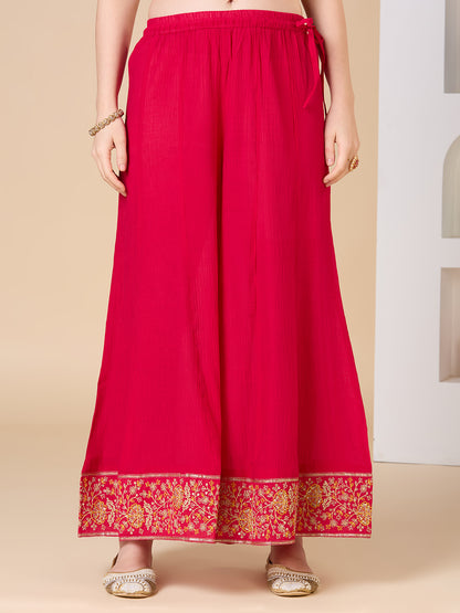 Solid Ethnic Embroidered Straight Fit Kurta with Flared Palazzo and Dupatta - Rani