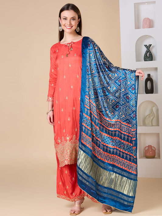 Solid Ethnic Embroidered Straight Fit Kurta with Palazzo and Dupatta - Coral