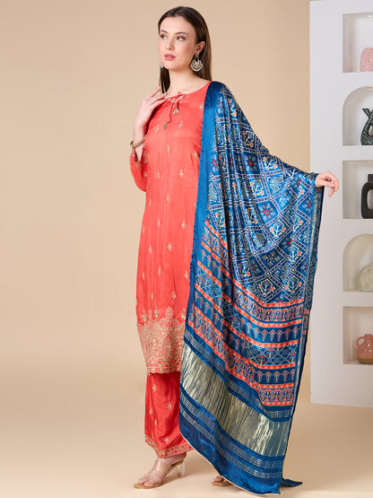 Solid Ethnic Embroidered Straight Fit Kurta with Palazzo and Dupatta - Coral
