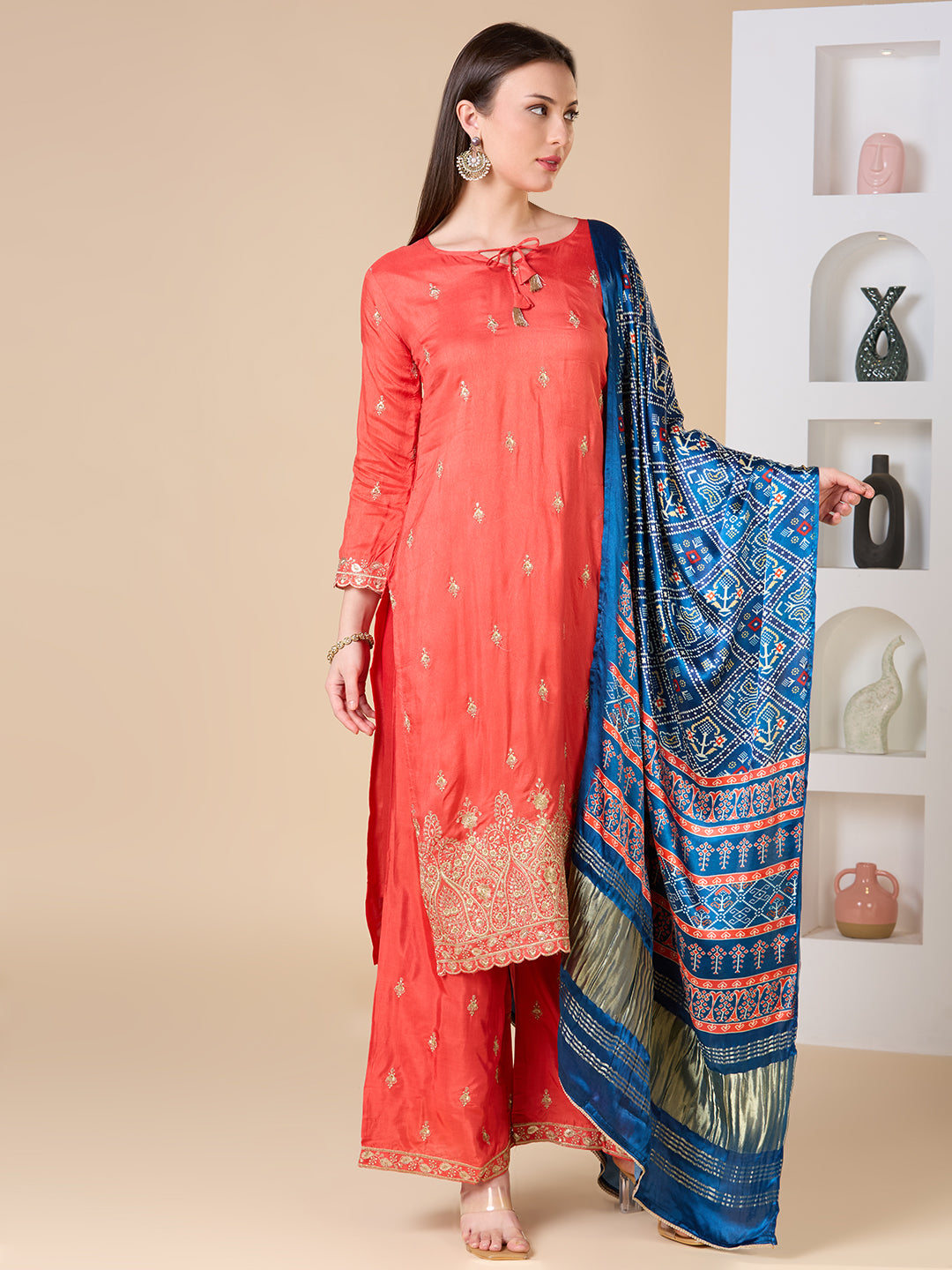 Solid Ethnic Embroidered Straight Fit Kurta with Palazzo and Dupatta - Coral