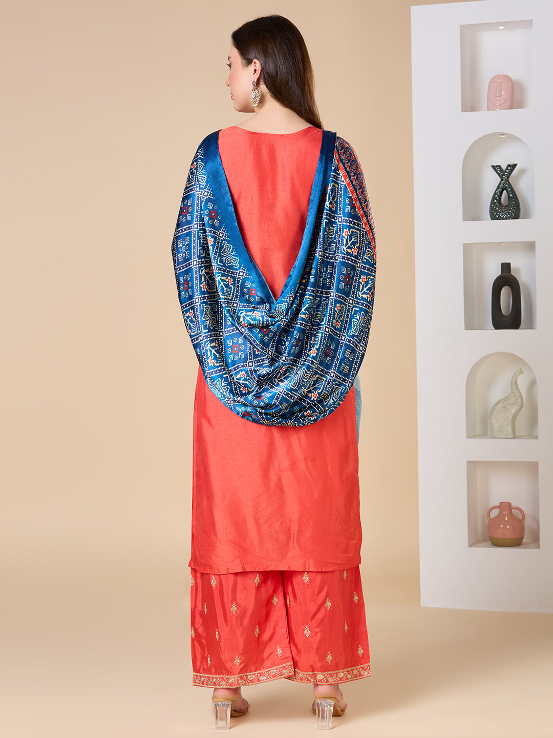Solid Ethnic Embroidered Straight Fit Kurta with Palazzo and Dupatta - Coral