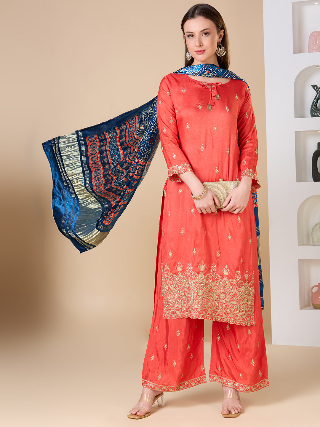 Solid Ethnic Embroidered Straight Fit Kurta with Palazzo and Dupatta - Coral