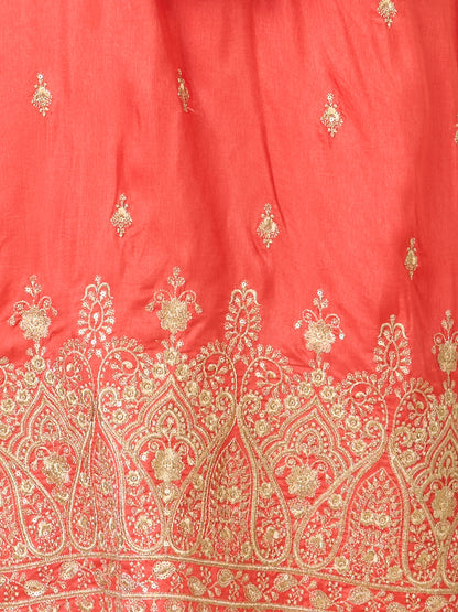 Solid Ethnic Embroidered Straight Fit Kurta with Palazzo and Dupatta - Coral
