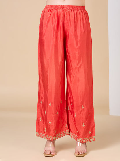 Solid Ethnic Embroidered Straight Fit Kurta with Palazzo and Dupatta - Coral