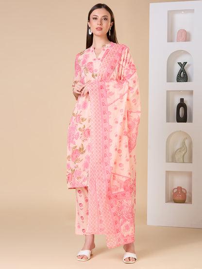 Floral Printed Embroidered Straight Fit Kurta with Pant and Dupatta - Pink