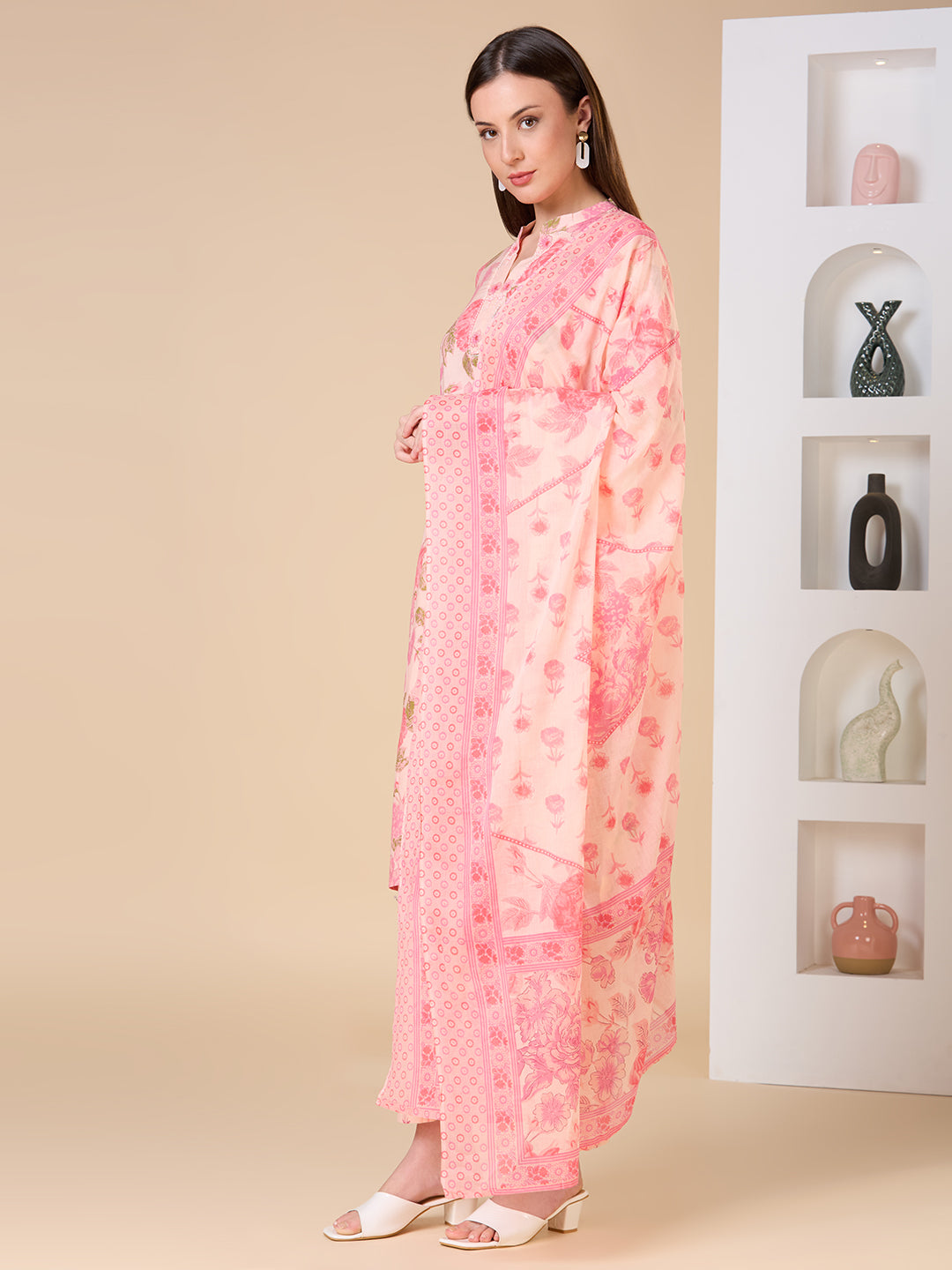 Floral Printed Embroidered Straight Fit Kurta with Pant and Dupatta - Pink