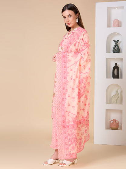 Floral Printed Embroidered Straight Fit Kurta with Pant and Dupatta - Pink