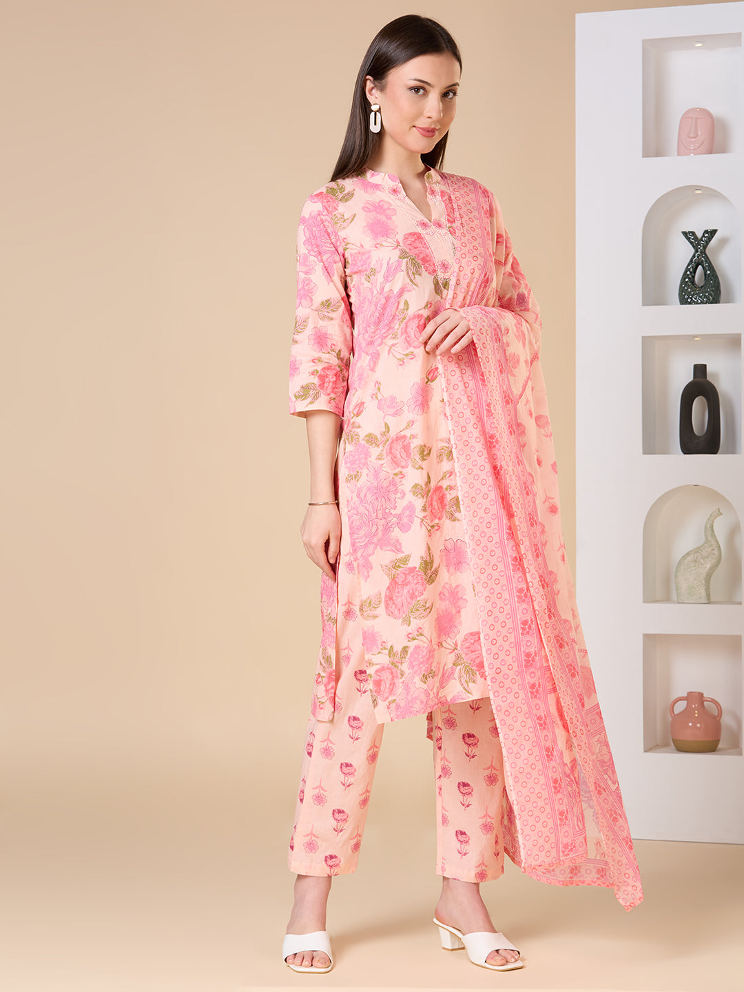 Floral Printed Embroidered Straight Fit Kurta with Pant and Dupatta - Pink