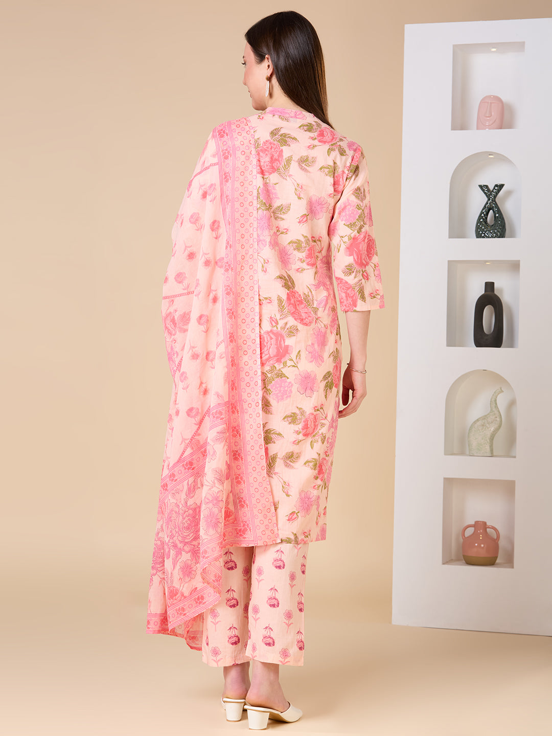Floral Printed Embroidered Straight Fit Kurta with Pant and Dupatta - Pink
