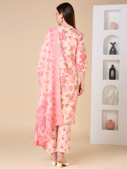 Floral Printed Embroidered Straight Fit Kurta with Pant and Dupatta - Pink