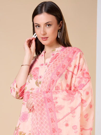 Floral Printed Embroidered Straight Fit Kurta with Pant and Dupatta - Pink