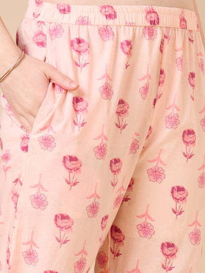 Floral Printed Embroidered Straight Fit Kurta with Pant and Dupatta - Pink