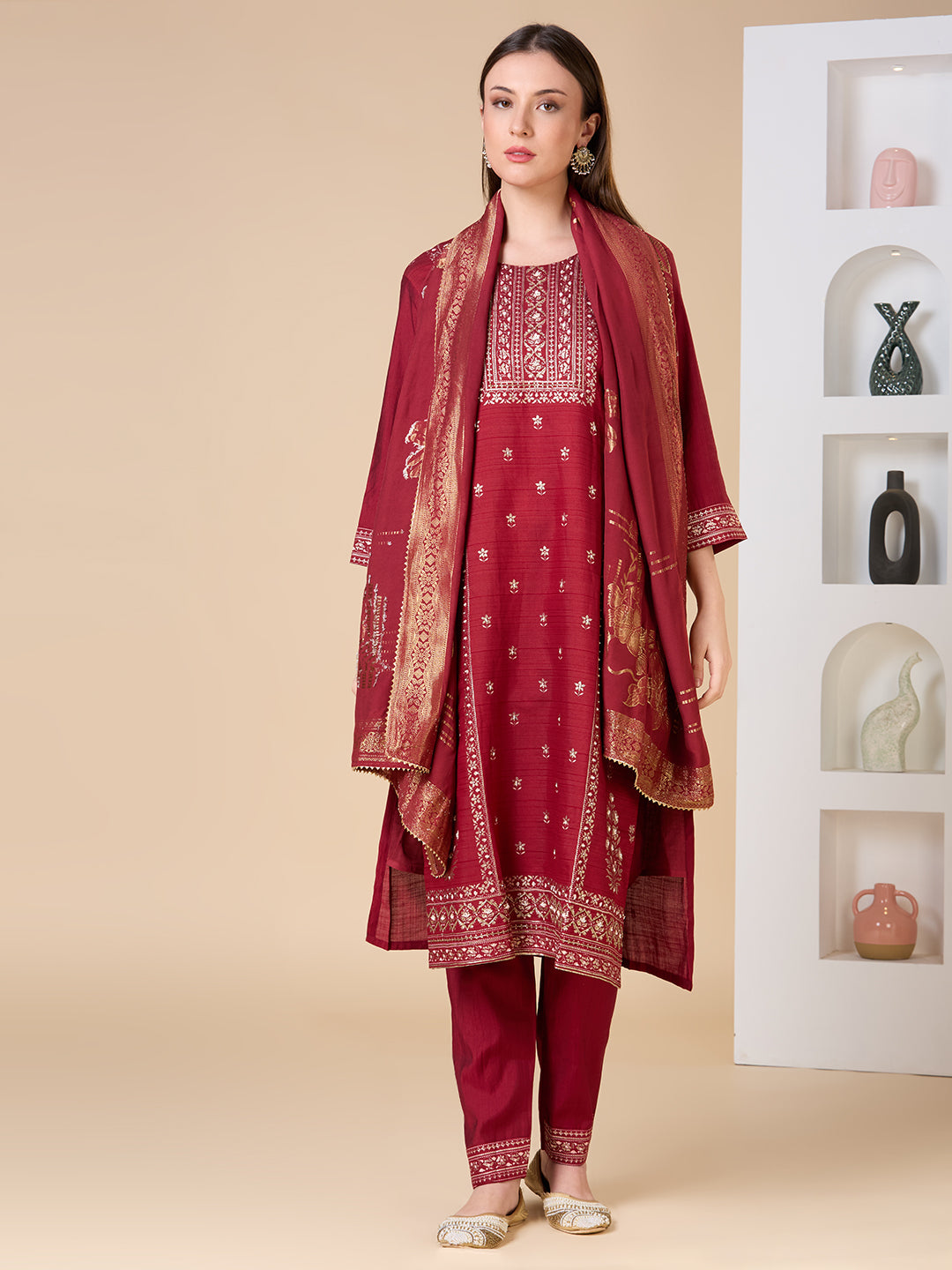 Ethnic Floral Printed Embroidered Straight Fit Kurta with Pant and Dupatta - Maroon