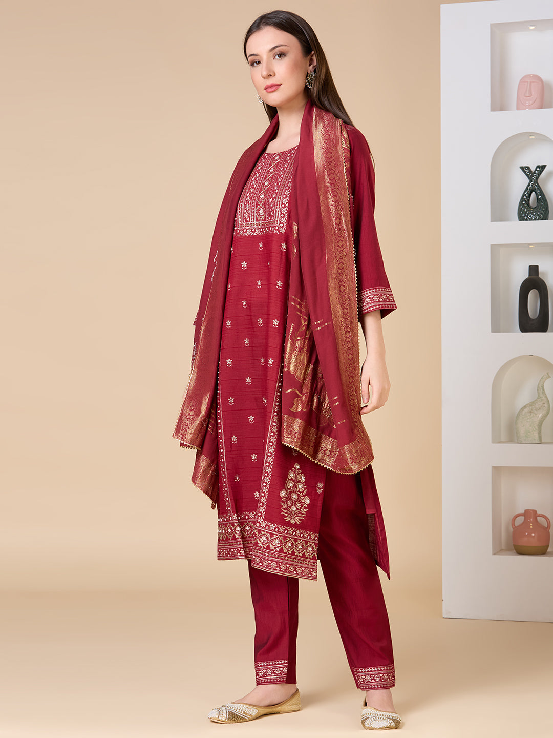 Ethnic Floral Printed Embroidered Straight Fit Kurta with Pant and Dupatta - Maroon