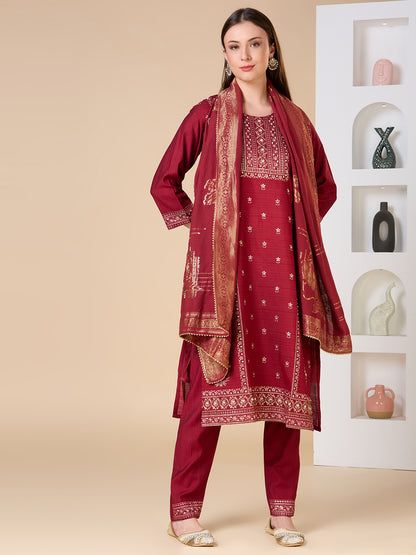 Ethnic Floral Printed Embroidered Straight Fit Kurta with Pant and Dupatta - Maroon