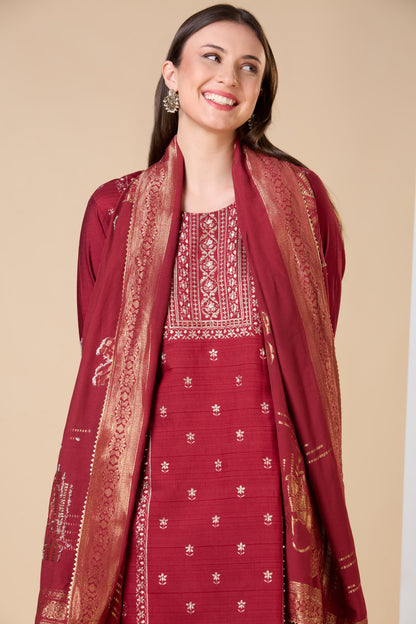 Ethnic Floral Printed Embroidered Straight Fit Kurta with Pant and Dupatta - Maroon