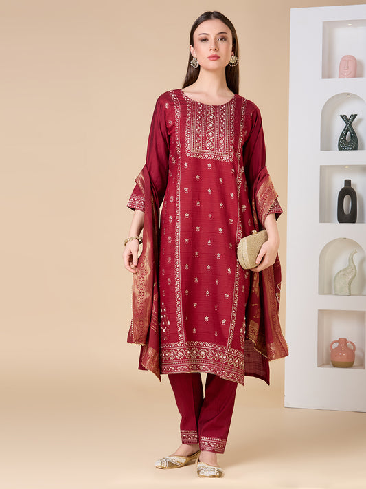 Ethnic Floral Printed Embroidered Straight Fit Kurta with Pant and Dupatta - Maroon