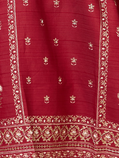Ethnic Floral Printed Embroidered Straight Fit Kurta with Pant and Dupatta - Maroon