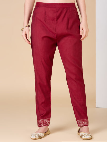 Ethnic Floral Printed Embroidered Straight Fit Kurta with Pant and Dupatta - Maroon