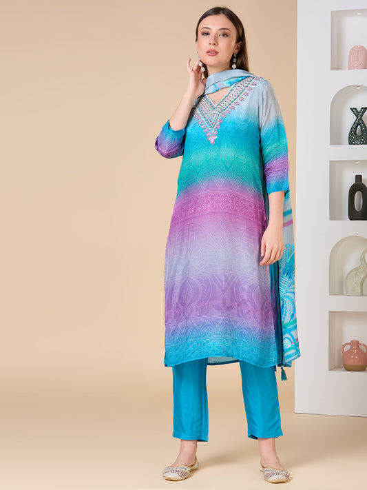Ethnic Embroidered Bandhani Printed Straight Fit Kurta with Pant and Dupatta - Blue