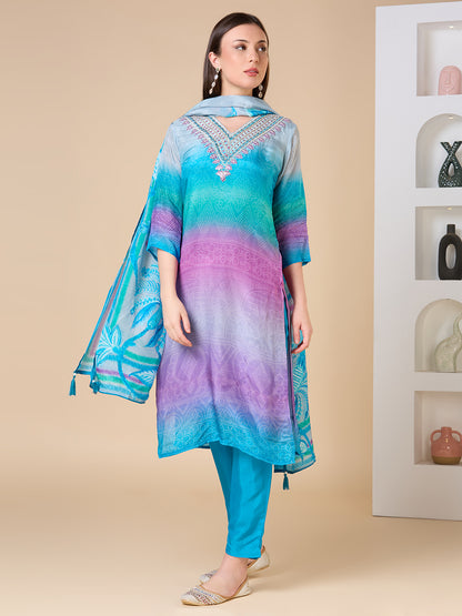 Ethnic Embroidered Bandhani Printed Straight Fit Kurta with Pant and Dupatta - Blue