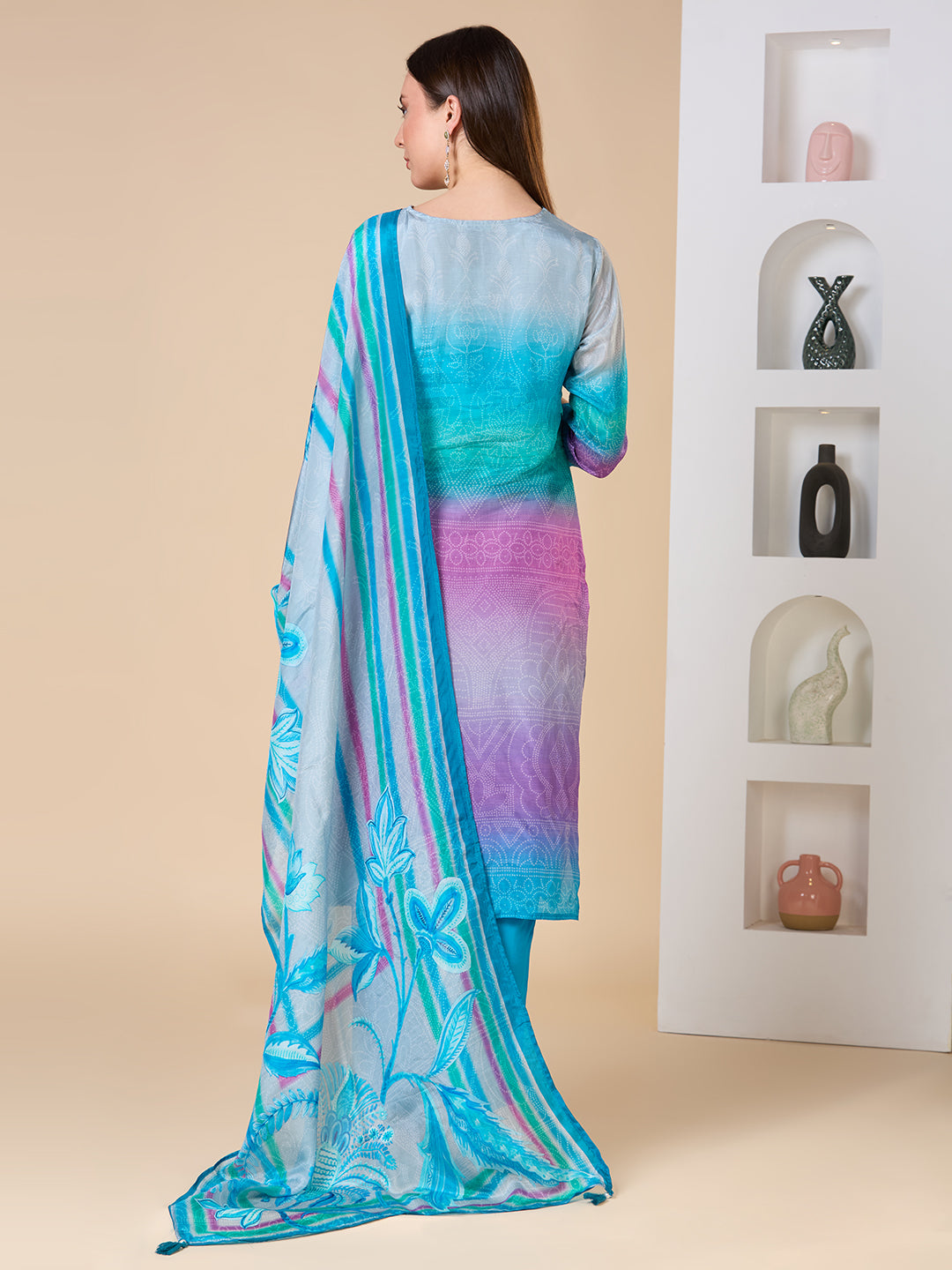 Ethnic Embroidered Bandhani Printed Straight Fit Kurta with Pant and Dupatta - Blue