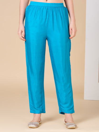 Ethnic Embroidered Bandhani Printed Straight Fit Kurta with Pant and Dupatta - Blue