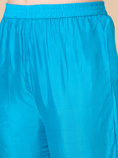 Ethnic Embroidered Bandhani Printed Straight Fit Kurta with Pant and Dupatta - Blue