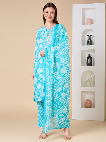 Ethnic Floral Printed Embroidered Straight Fit Kurta with Pant and Dupatta - Turquoise Blue