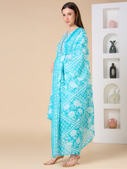 Ethnic Floral Printed Embroidered Straight Fit Kurta with Pant and Dupatta - Turquoise Blue
